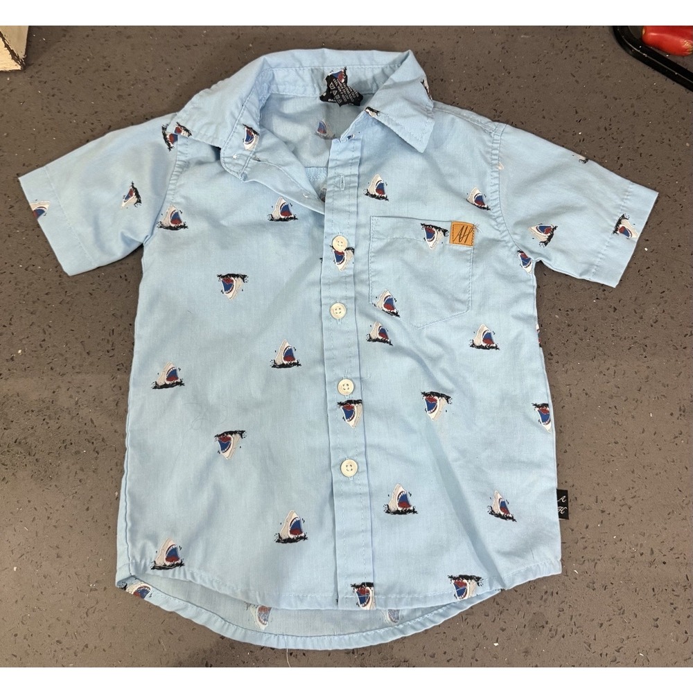 Vtg American Hawk Boys Blue Shark Button Up Front Shirt 2T